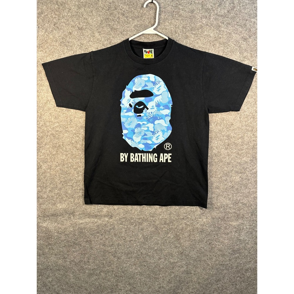 A Bathing Ape BAPE Big Ape Head Blue‎ Flame Camo Black T-Shirt Mens Medium AAB02